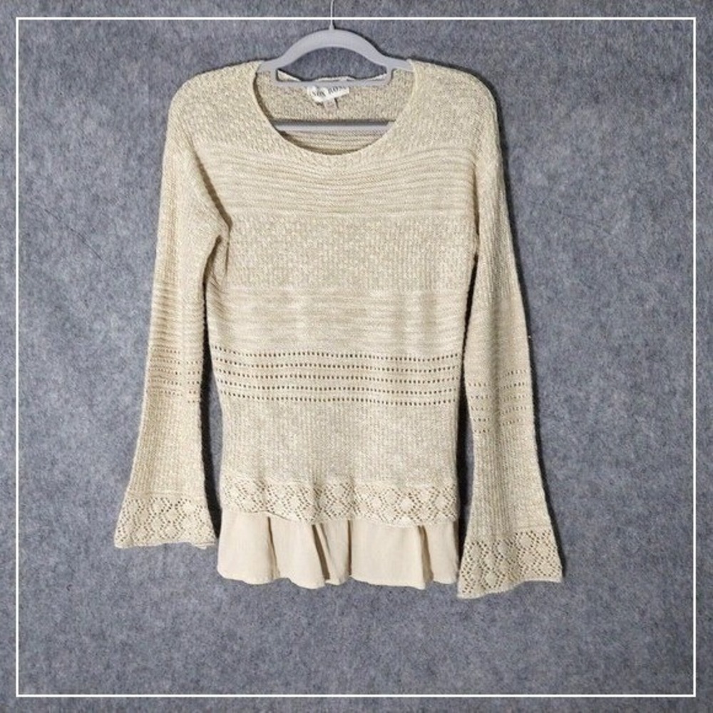 Knox Rose Tunic‎ XS Cream Mix Media Crochet Open Knit Bell Sleeve Cottagecore